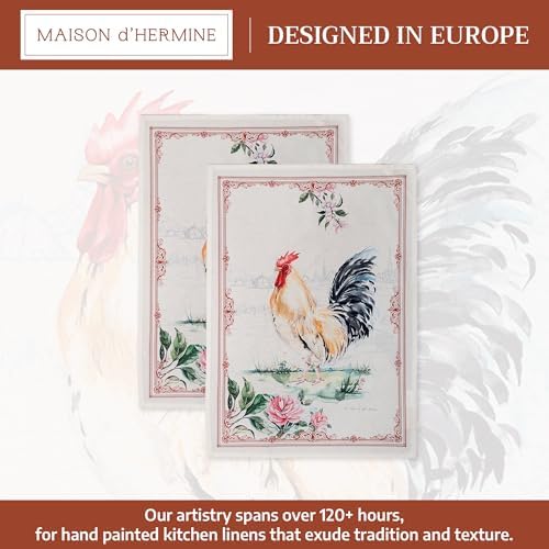 100% Cotton Kitchen Towel Campagne Maison d' Hermine Set of 2 Super Soft Highly Absorbent Hotel Quality Quick Drying Cleaning Dishcloth Tea Bar Towels Spring/Summer (Coq, 20"x27.50")