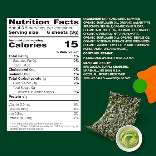 Bibigo Wasabi Flavor Seaweed Snack, Non GMO, Gluten Free, 0.35 Ounces (Pack Of 12)
