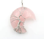 Plated Wire Wrap Tree of Life Crescent Moon Opalie Opal Pendant Green Aventurine,Rose Pink Quartz