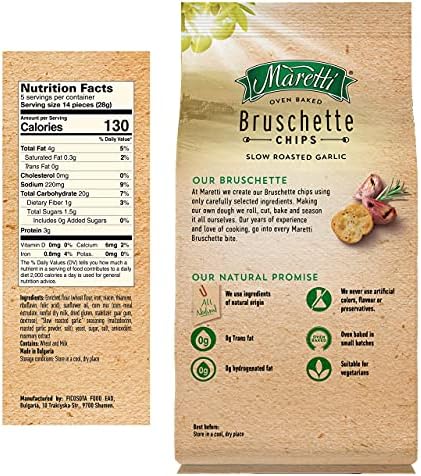 Maretti - Bruschette Chips with Slow Roasted Garlic - All Natural Oven Baked Bagel Chips - Good for Vegetarians - Party Snacks Thin Bagels - No Artificial Colors and Flavor 5 oz. (Pack of 6)