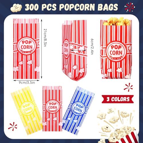 Yungyan 300 Pcs Popcorn Bags Bulk 1oz Grease Resistant Paper Snack Bags in Red Yellow Dark Blue for Party Movie Night Carnival Concession Stand Supplies