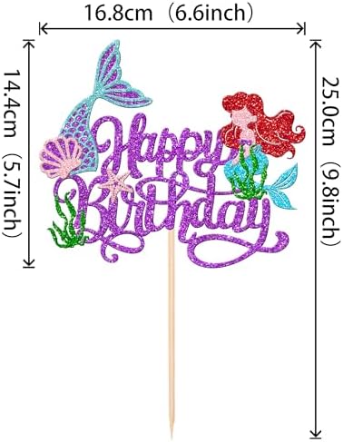 1 PCS Mermaid Happy Birthday Cake Topper - Glitter Ocean Starfish Seawood Seashells Tail Cake Decoration for Under the Sea Theme Baby Shower Birthday Party Supplies Purple