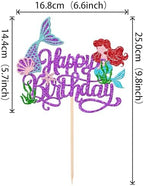 1 PCS Mermaid Happy Birthday Cake Topper - Glitter Ocean Starfish Seawood Seashells Tail Cake Decoration for Under the Sea Theme Baby Shower Birthday Party Supplies Purple