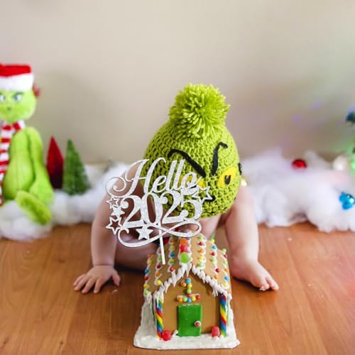 Hello 2025 Cake Topper - Winter Xmas Holiday Cake Decor, Merry Christmas Welcome 2025 Santa Happy New Year's Eve Party Decorations Supplies, Silver Glitter