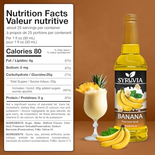 Syruvia Banana Coffee Syrup, Flavored Syrup for Drinks, Lattes, and Desserts – 25.4 fl oz,