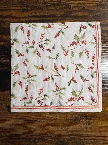 IHR Ideal Home Range Cocktail Napkins Disposable 3-Ply Paper Party Napkin Pack, 5" x 5", Christmas Ilex Berries, 20-Count