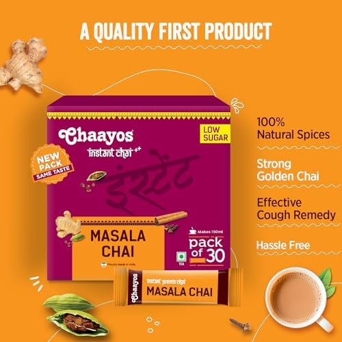 Chaayos Instant Tea Premix - Masala Flavour - Low Sugar (30 Sachets) | Instant Tea | Tea Premix | Masala Tea | Masala Chai | Assam Tea | Flavored Tea | Tea Masala Mix