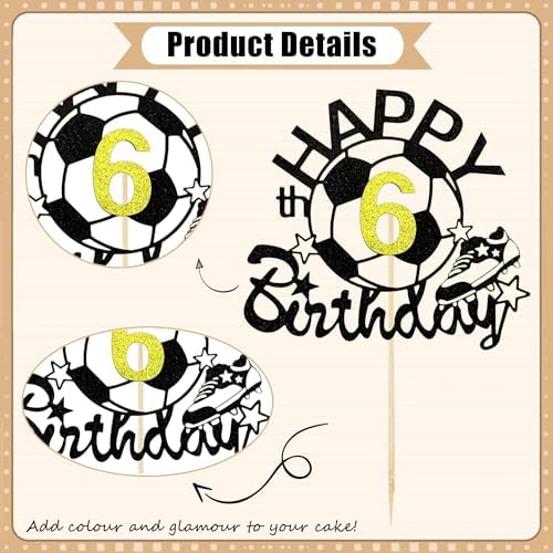 Soccer Ball Happy 6th Birthday Cake Topper - Black Glitter Football Theme Cake Decorations for 6 Year Old Soccer Themed Birthday Party Decoration Supplies