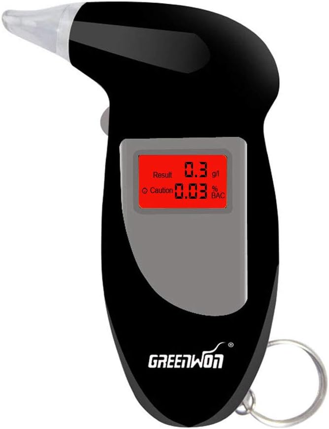 GREENWON Battery Powered Breathalyzer Keychain Digital Alcohol Tester Detector Breath Analyzer Audible Alert Portable with LCD Display and Replacement Mouthpiece Personal Use G/Black…