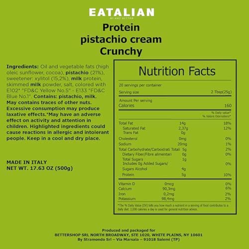 EATALIAN by AMZ BETTER Spreadable Crunchy Pistachio Protein Cream 17.63 oz/ 500 gr, Pistachio Cream with Grains, Protein Paste, Sweet Taste, Ideal on Bread Excellent for Dubai Chocolate, Made in Italy