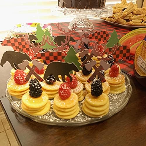 ALISSAR 30-Pack Lumberjack Cupcake Toppers, Buffalo Plaid Baby Bear Tree Cupcake Topper for Campfire Lumberjack Party Supplies Baby Shower Dcoration.