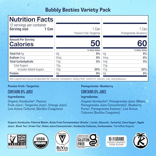 Health-Ade Bubbly Besties Kombucha Tea Organic Drink, Fermented Tea with Living Probiotics, Non-GMO, Vegan, Gluten Free, 12 Pack (11.5 Fl Oz Cans)