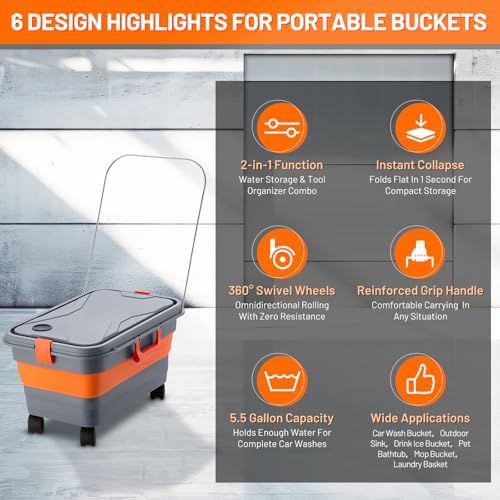 This Hill Collapsible Bucket for Car Washing, 5.5 Gallon Car Wash Bucket with Wheels, Handle, Drain Plug and Water Outlet, Foldable for Mop Cleaning, Camping, RV, Pet Bathing and Laundry
