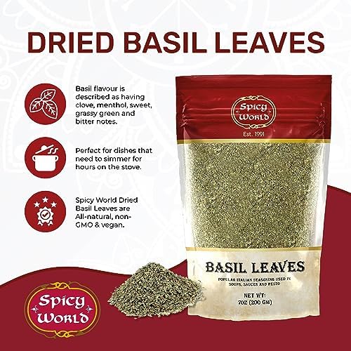 Dried Basil Leaves 7oz (200g) - Natural, Non-GMO, Vegan, Ayurveda Herb - by Spicy World