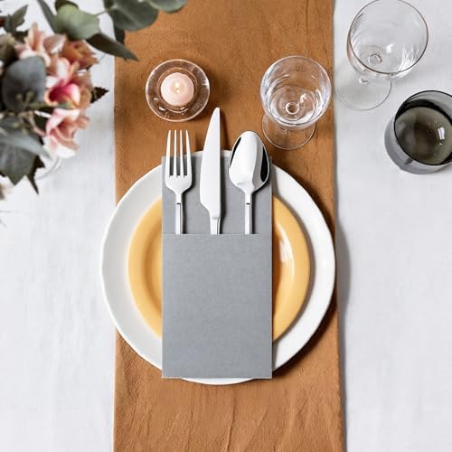 50 Pack Gray Linen Feel Napkins with Pocket, 2 Ply Gray Wedding Napkins, Decorative Dinner Napkin Paper, Prefolded Paper Disposable Airlaid Guest Hand Towel for Silverware Wedding Party Christmas