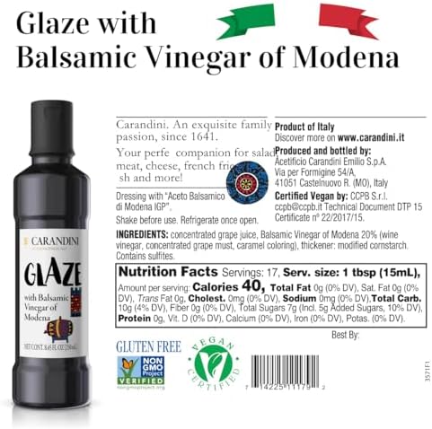 CARANDINI Glaze with Balsamic Vinegar of Modena –– Non-GMO, Vegan, Gluten-Free, Made Without Glucose Syrup or Fructose Syrup – Made in Italy, 8.45 Fl Oz - Pack of 2