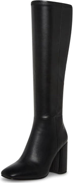 SOVANYOU Women's Faux Leather Tall Boots Fashion Square Toe Chunky Heel Knee High Boots with Side Zip