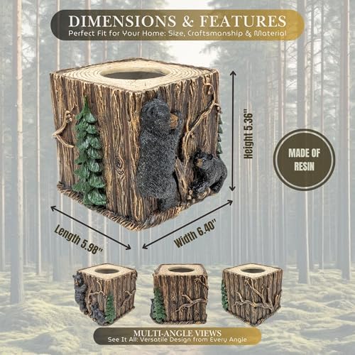 Woodland Bears Around The Tree Square Tissue Box Cover – Rustic Resin Bear-Themed Tissue Holder for Cabin & Lodge Décor