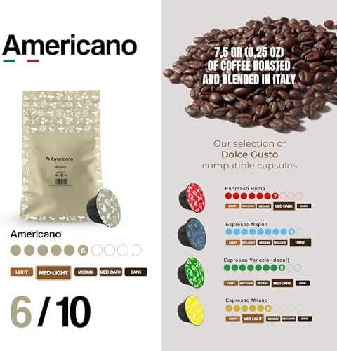 Dongiò Caffè Americano, Capsules Compatible with Nescafe Dolce Gusto system, 100 Count of Single-Serve Coffee pods (5 Boxes of 20 capsules each) Med-Light Roast | Intensity 6/10