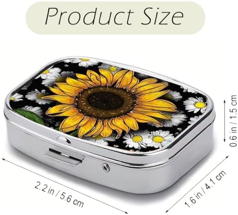 Sunflower Pill Box 2 Compartment Small Pill Case for Purse & Pocket Travel Portable Metal Medicine Box to Hold Vitamins Medication Fish Oil Supplements Sunflower for Women Men (YH3886)