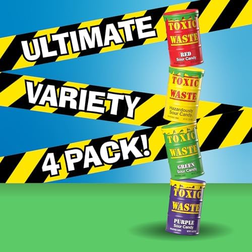 TOXIC WASTE - Hazardously Sour Candy - AMAZON EXCLUSIVE Variety Pack - Purple, Yellow, Green, & Red Drums - 4-Pack