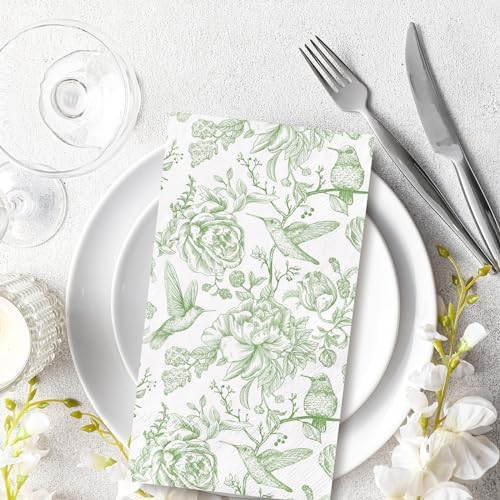 80Pcs Green Floral Birds Paper Guest Napkins Flower Bathroom Napkins Vintage Disposable Hand Towel Napkin for Home Holiday Party Supplies