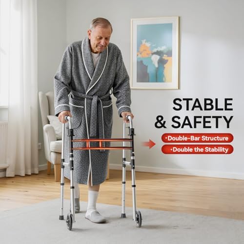 Folding Walkers for Seniors，Medical Bariatric Walker Lightweight 5'' Front Wheel Walker Height and Width Adjustable Aluminum Standard Walker for Handicap
