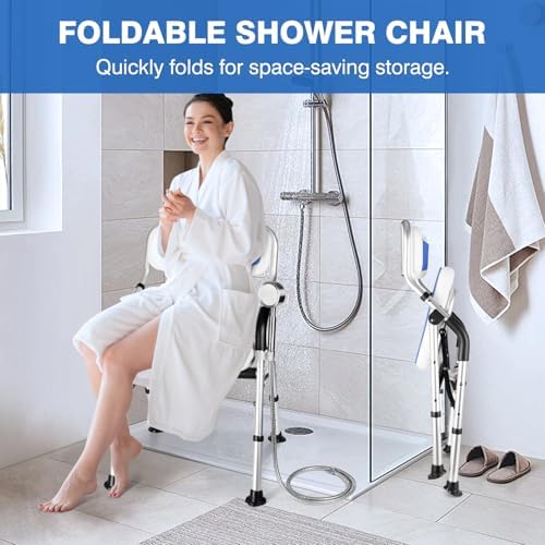 DEWEL Foldable Shower Chair for Elderly and Disabled, Folding Shower Seat with Armrests and Back Height Adjustable, Aluminum Alloy Bath Seat for Inside Shower, Compact & Comfortable, 330 lbs Capacity