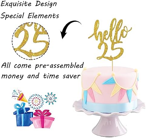 Hello 25 Cake Topper - 25th Birthday / 25 Anniversary Party Cake Decoration, Twenty-five Themed Party Decorations Supplies Gold Glitter