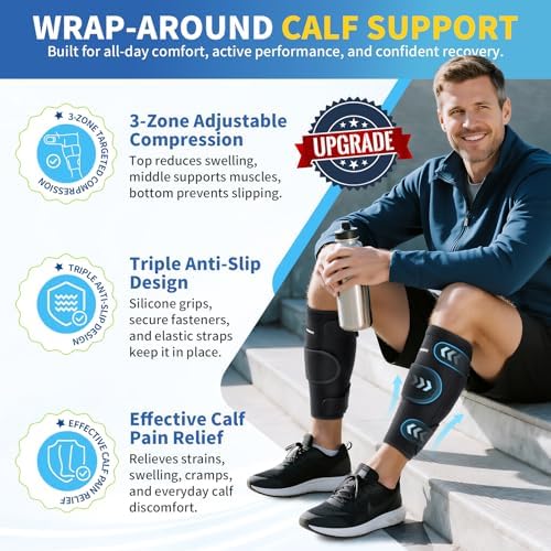 Calf Brace for Torn Calf Muscle - 2 Pack Adjustable Neoprene Compression Sleeve & Wrap Support for Shin Splints, Strain, Leg Pain Relief - Calf Compression Sleeve for Men & Women (Black, Large)