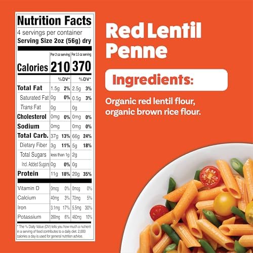 EXPLORE CUISINE Organic Red Lentil Penne - High Protein & Fiber, Gluten Free Pasta, Easy to Make - Organic, Non GMO - 24 Total Servings, 8 Ounce (Pack of 6)