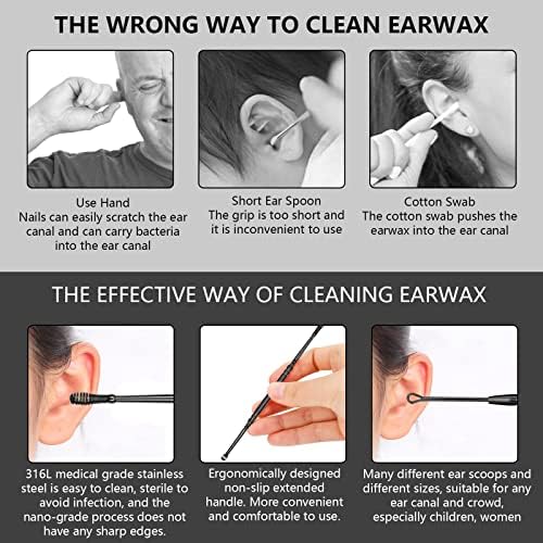 Hion 6 Pcs Ear Wax Removal Kit,Professional Double-Headed Ear Pick Earwax Removal Tools,316L Stainless Steel Ear Cleaner Curette with Cleaning Brush and Storage Box,Suit for Kid Adult(Black)