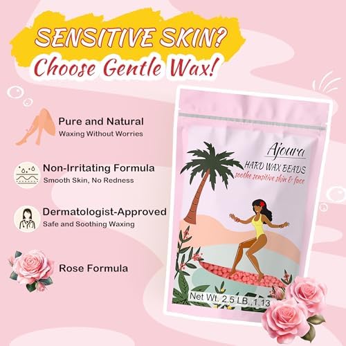 Ajoura 2.5LB Wax Beads for Hair Removal, Rose Hard Wax for Coarse Hair, Perfect for Brazilian, Bikini, Eyebrow, Legs, Facial, and Full Body Waxing, At-Home Wax Refill for Women and Men