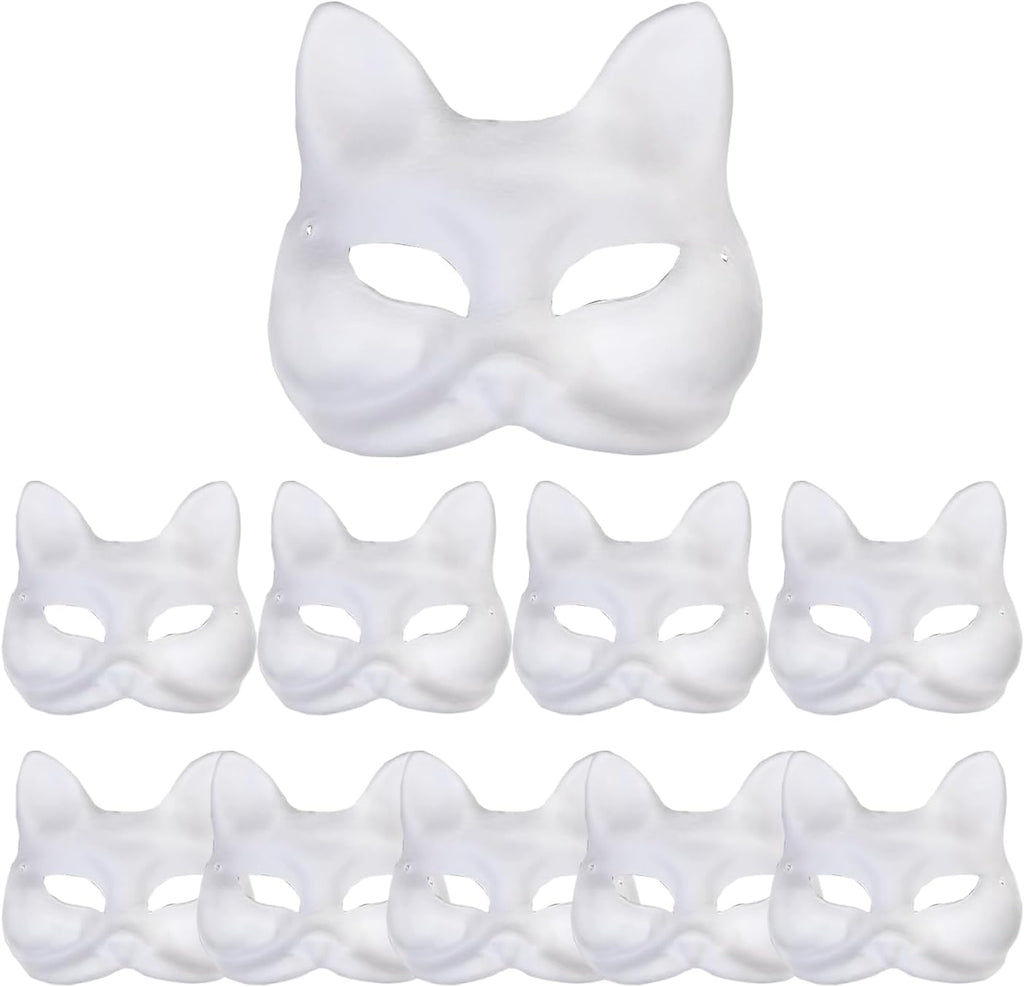 10Pcs Therian Mask - White Cat & Fox for DIY Crafts, Halloween & Party, Paintable Blank Animal Dress Up