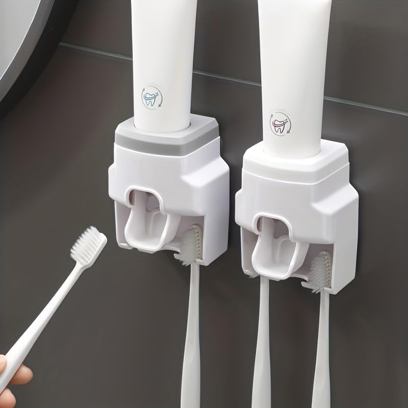 Automatic Toothpaste Dispenser Wall Mounted-Hands-Free Toothpaste Squeezer with 2 Toothbrush Holders & Strong Adhesive - Smart Bathroom Organizer for All Ages