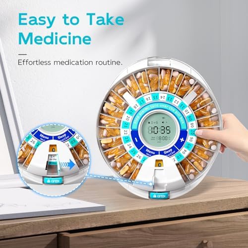 Daviky Automatic Pill Dispenser for Elderly with Alarm, 28-Day Electronic Locked Pill Box, Sound & Light Reminders for Medication, Vitamins, and Supplements