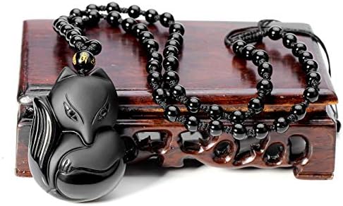 Top Plaza Natural Black Obsidian Healing Crystal Necklaces Fox Talisman Buddha Mala Prayer Pendant Necklace