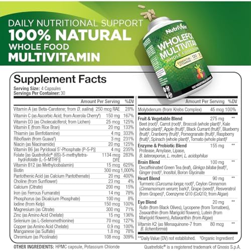 Nutrivein Whole Food Multivitamin for Men & Women – 120 Vegan Multivitamin Caps for Adults – Daily Energy, Immune & Heart Support – Raw Fruit & Veggie Blend + B Vitamins - Not Intended for Kids