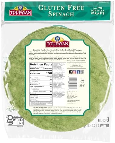 Toufayan Gluten Free Wraps, Spinach – 3 Packs (18 Total), Soft 9″ Tortilla-Style Wraps, Vegan, Kosher, Freeze for Freshness