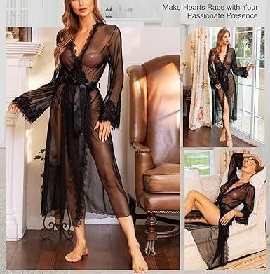 Lingerie for Women Sexy Long Lace Kimono Robe Mesh Chemise Lace Gown Swimsuit Cover Up