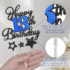 Happy 13th Birthday Cake Toppers, Black Blue Glitter Cake Decorations Set, 13th Birthday Decor, Birthday Anniversary Party Decorations Supplies
