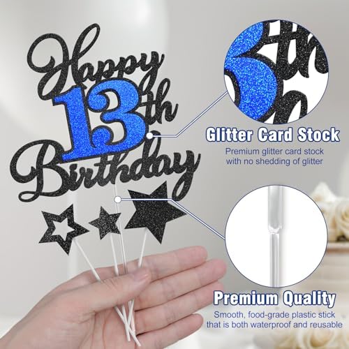 Happy 13th Birthday Cake Toppers, Black Blue Glitter Cake Decorations Set, 13th Birthday Decor, Birthday Anniversary Party Decorations Supplies