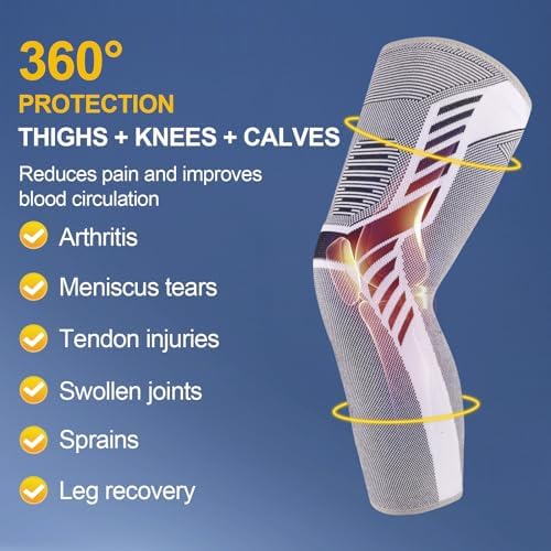 Leg Compression Sleeve 1 Pair Long Knee Braces for Women and Men Knee Support with Non Slip Silicone for Sports Running