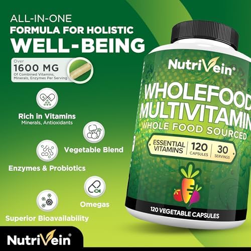 Nutrivein Whole Food Multivitamin for Men & Women – 120 Vegan Multivitamin Caps for Adults – Daily Energy, Immune & Heart Support – Raw Fruit & Veggie Blend + B Vitamins - Not Intended for Kids