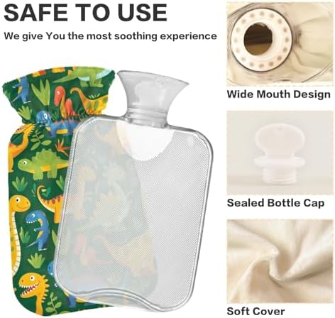 Hot Water Bottle with Cover Colorful Cartoon Dinosaurs Cute Hot Water Bags Hot Water Pouch for Pain Relief Hand Feet Bed Warmer 2 Liter