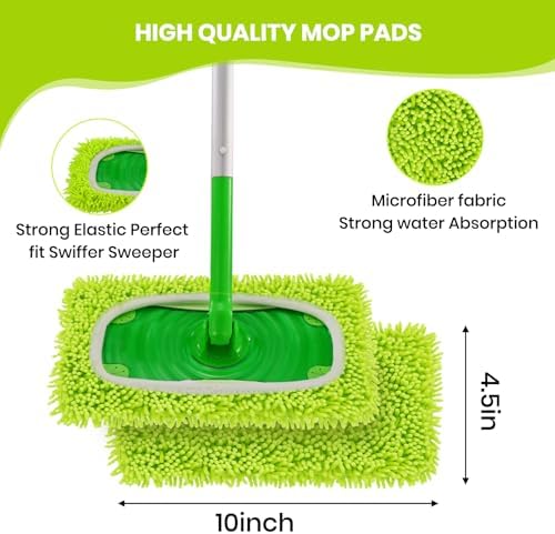8 Pack Chenille Mop Refill Pads, Reusable Microfiber Mop Pads for 10''–12'' Flat Mops, Washable Dry& Wet Pads Refill for Hardwood, Tile, Compatible with Swiffer Sweeper