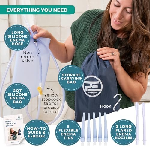 Premium Enema Kit 2 Quart Clear Silicone Bag for Enemas for Colon Cleanse for Women and Men - 6.75 Foot Hose, 7 Tips, Reusable Enema Kit