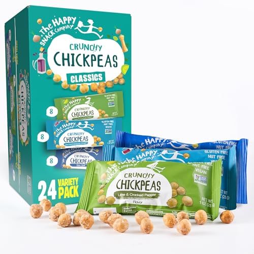 Happy Snack Company Crunchy Chickpeas Classics Variety Pack - High Fiber Vegan Protein Snacks for Adults and Kids - (Pack of 24 1oz) Classic Sea Salt x 8 Lime & Cracked Pepper x8 Sea Salt & Balsamic x8.