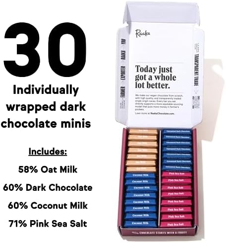Raaka Dark Chocolate Gift Box | Mini Dark Chocolate Variety Pack | Organic, Vegan, Gluten Free | Box of 30 Individually Wrapped Chocolates