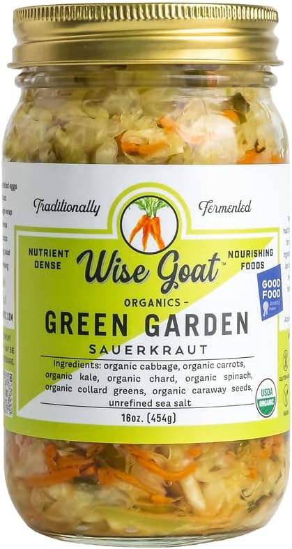 Raw Organic Sauerkraut, "Green Garden" Variety, 16 Oz Glass Jar